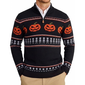 COOFANDY Mens Ugly Christmas Sweater Quarter Zip Holiday Xmas Knit Pullover(Halloween Pumpkin Skull)