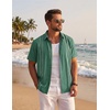 COOFANDY Men’s Cuban Guayabera Shirts Button Down Short Sleeve Linen Shirt(Dark Green)
