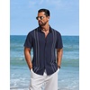 COOFANDY Men’s Cuban Guayabera Shirts Button Down Short Sleeve Linen Shirt(Navy Blue)