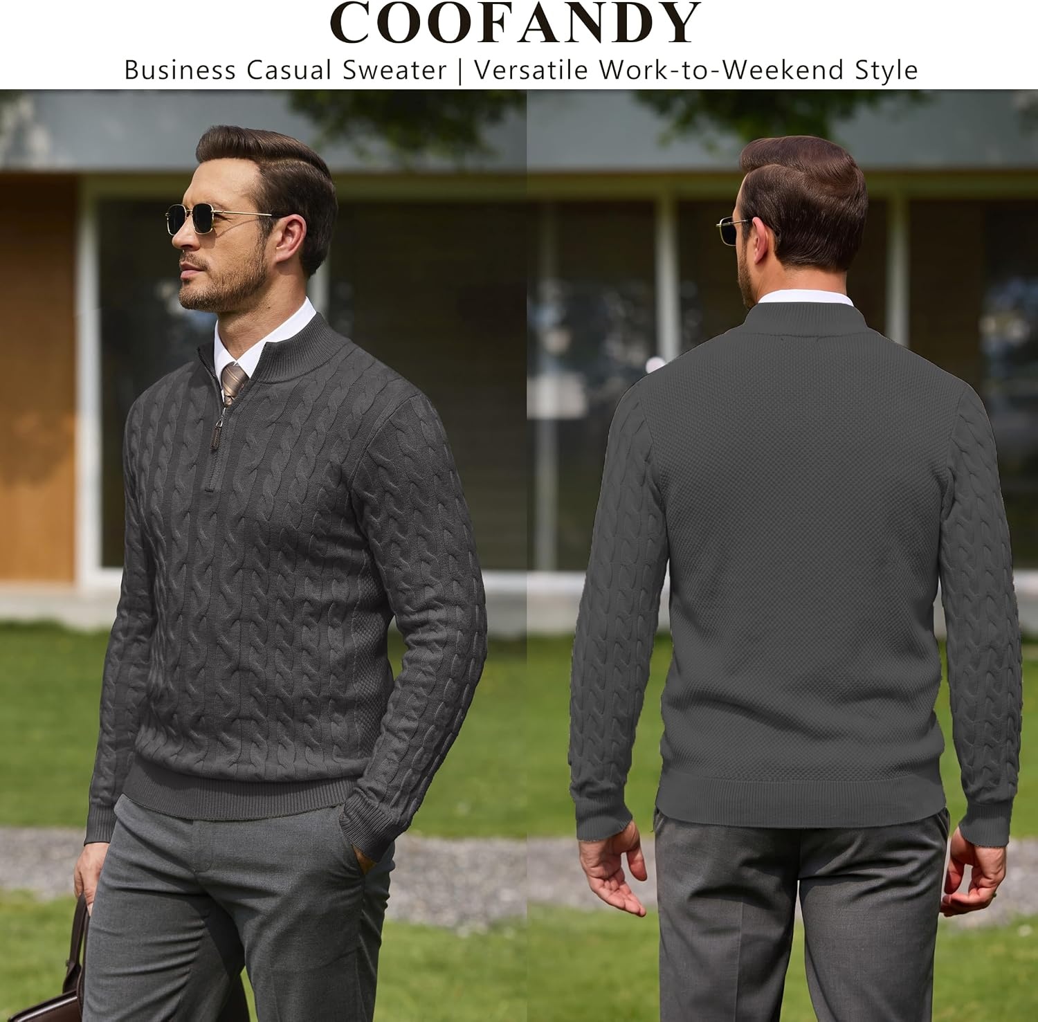 image:imageCOOFANDY Mens Quarter Zip Pullover Cable Knit Dress SweaterDark Grey