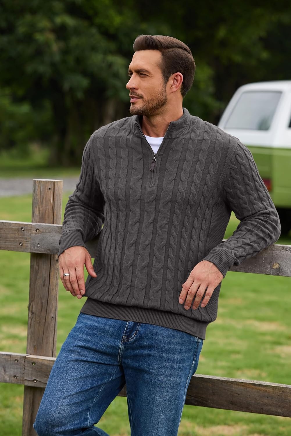 image:imageCOOFANDY Mens Quarter Zip Pullover Cable Knit Dress SweaterDark Grey