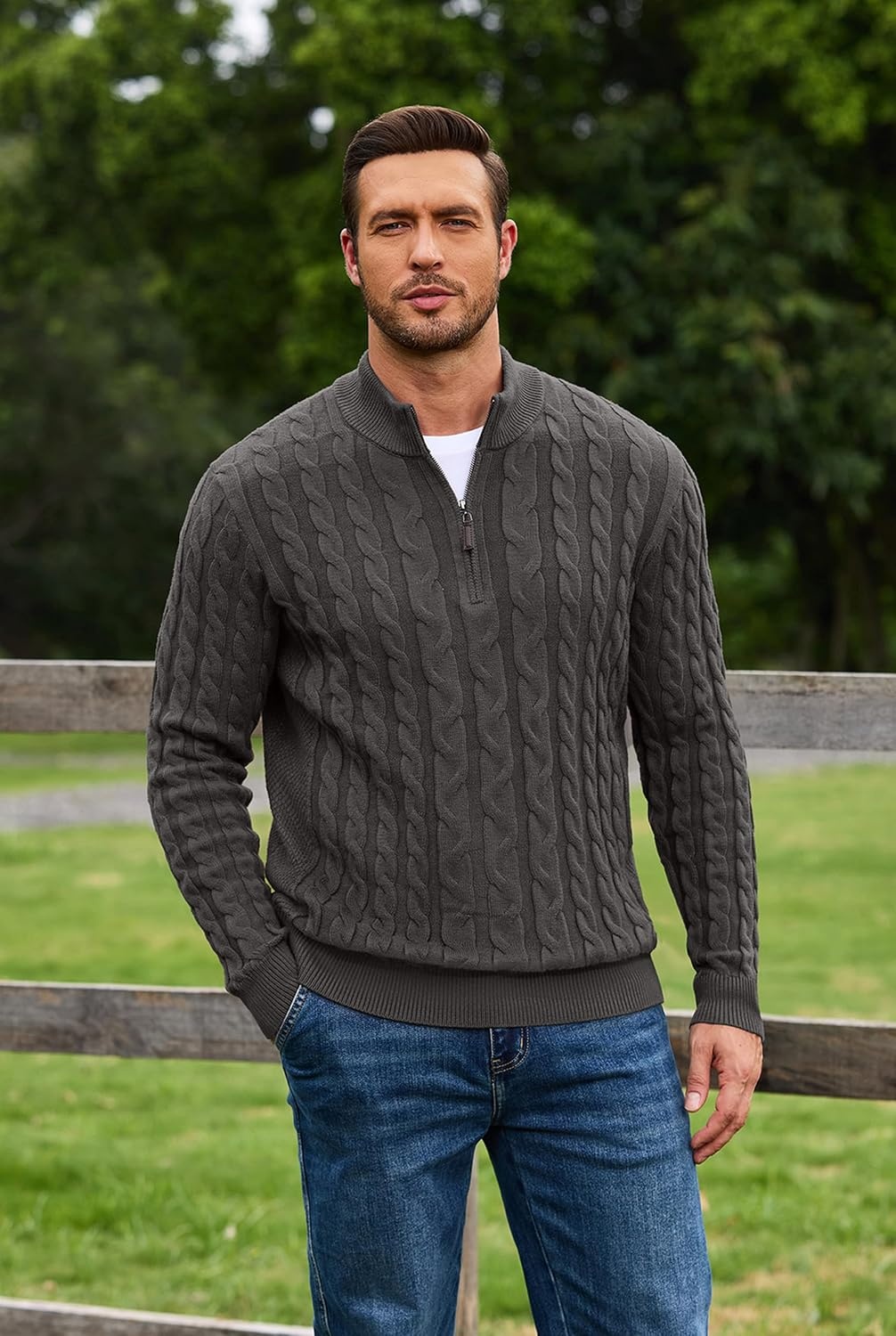 image:imageCOOFANDY Mens Quarter Zip Pullover Cable Knit Dress SweaterDark Grey