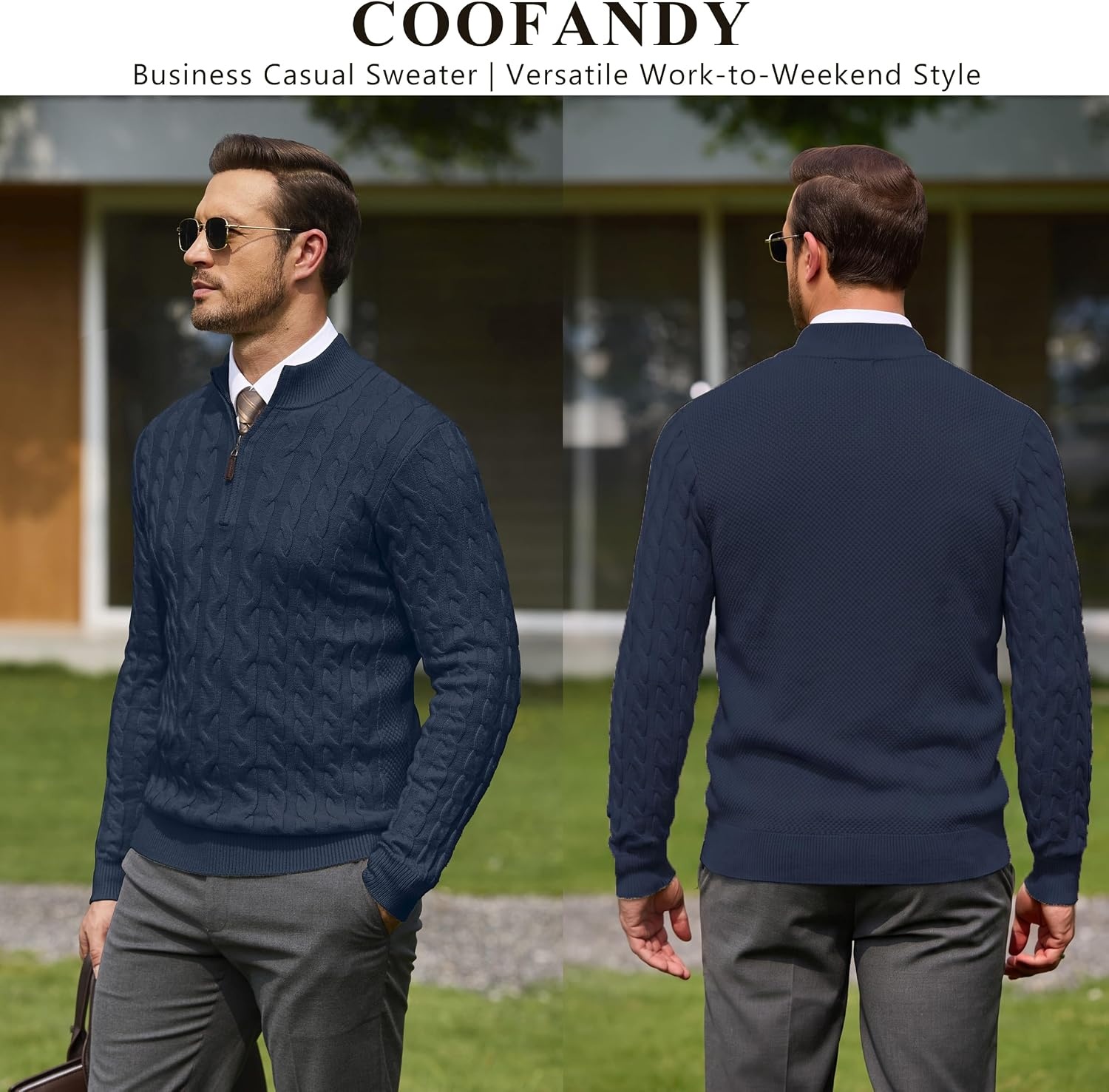 image:imageCOOFANDY Mens Quarter Zip Pullover Cable Knit Dress SweaterDark Navy