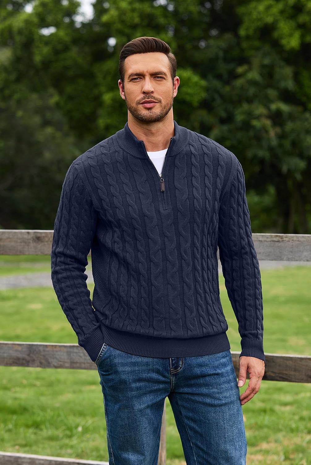 image:imageCOOFANDY Mens Quarter Zip Pullover Cable Knit Dress SweaterDark Navy