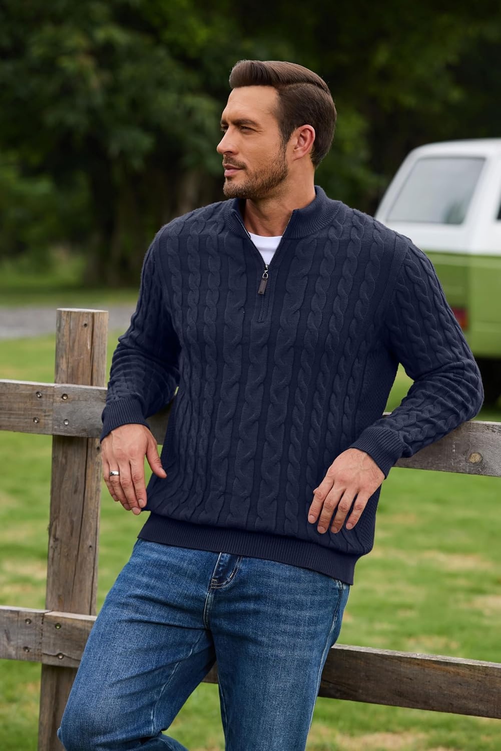 image:imageCOOFANDY Mens Quarter Zip Pullover Cable Knit Dress SweaterDark Navy