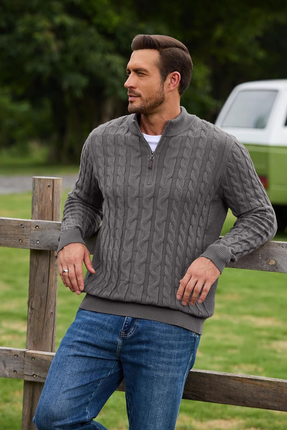 image:imageCOOFANDY Mens Quarter Zip Pullover Cable Knit Dress SweaterGrey