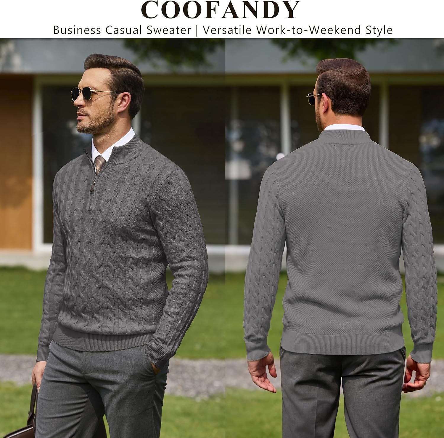 image:imageCOOFANDY Mens Quarter Zip Pullover Cable Knit Dress SweaterGrey