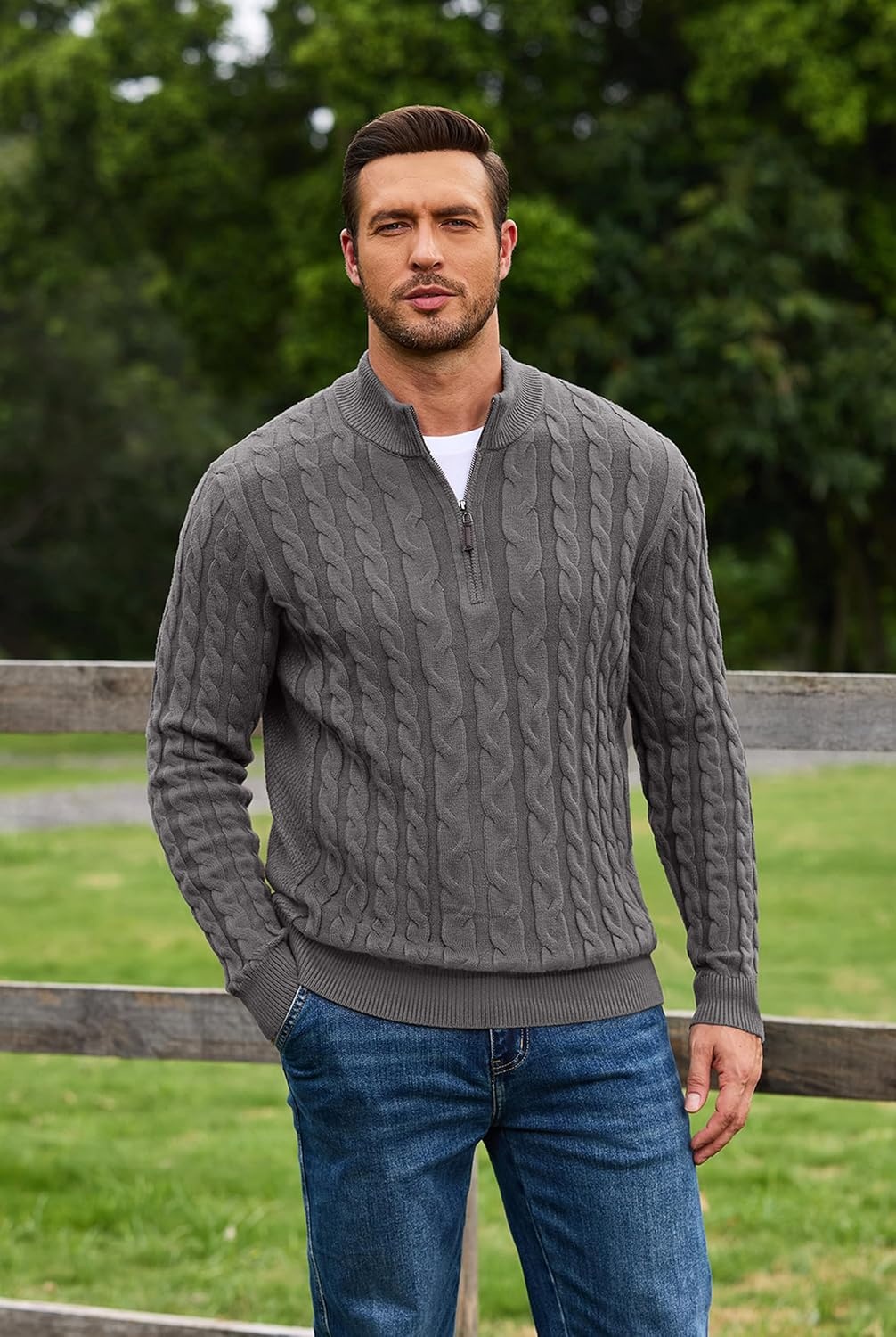 image:imageCOOFANDY Mens Quarter Zip Pullover Cable Knit Dress SweaterGrey
