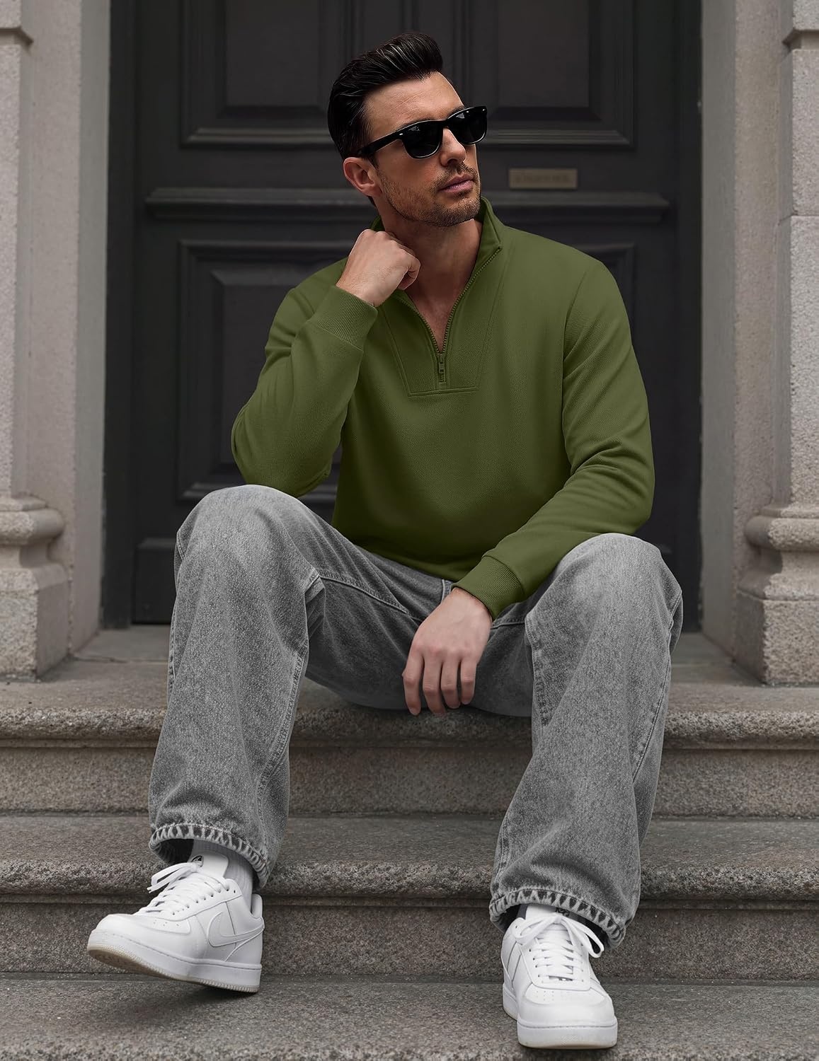 image:imageCOOFANDY Mens Quarter Zip Pullover Mock Neck Casual Fleece SweatshirtArmy Green