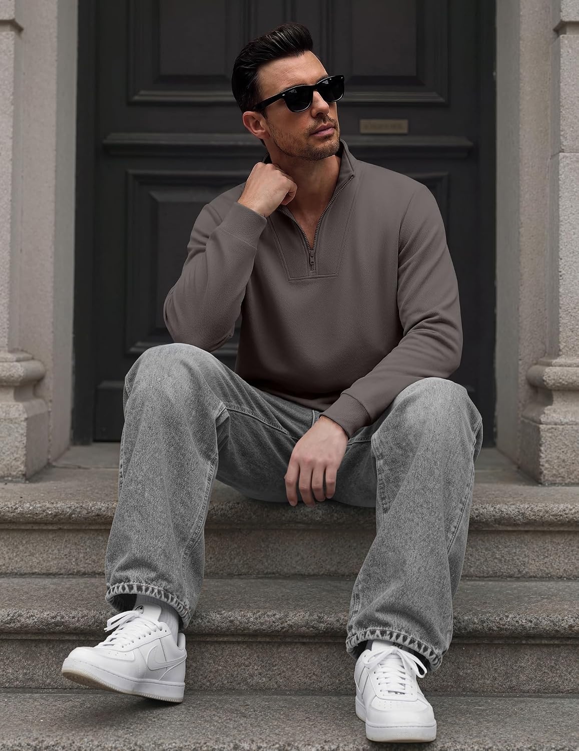 image:imageCOOFANDY Mens Quarter Zip Pullover Mock Neck Casual Fleece SweatshirtDark Grey