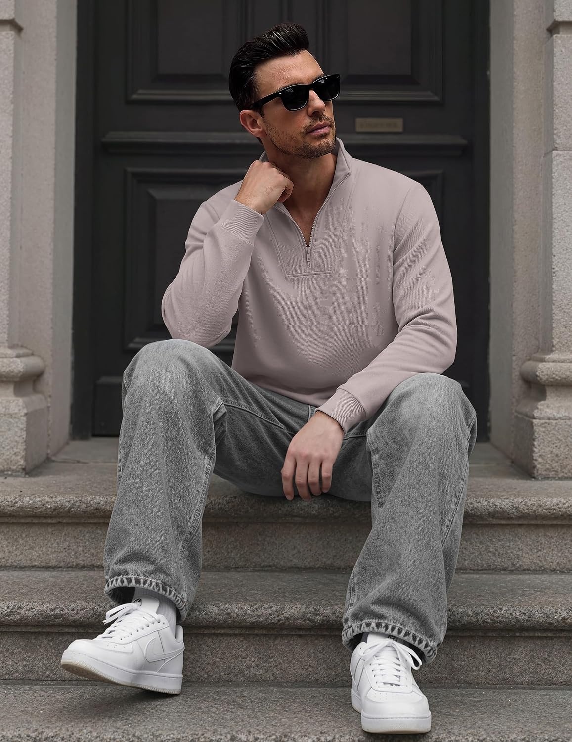 image:imageCOOFANDY Mens Quarter Zip Pullover Mock Neck Casual Fleece SweatshirtLight Grey