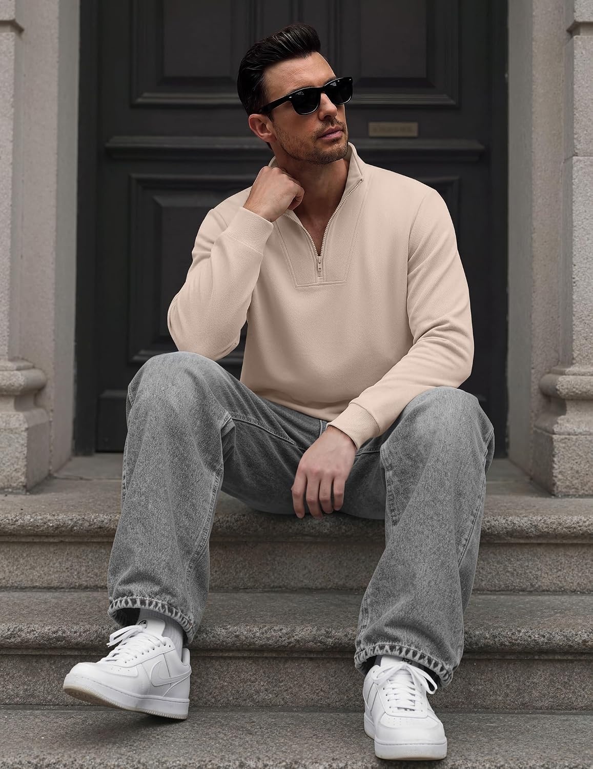 image:imageCOOFANDY Mens Quarter Zip Pullover Mock Neck Casual Fleece SweatshirtLight Khaki