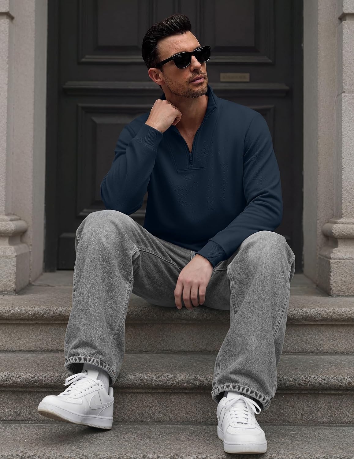 image:imageCOOFANDY Mens Quarter Zip Pullover Mock Neck Casual Fleece SweatshirtNavy Blue