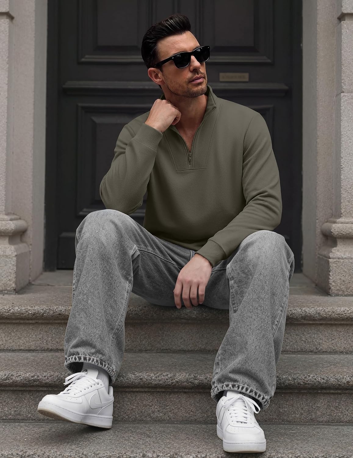 image:imageCOOFANDY Mens Quarter Zip Pullover Mock Neck Casual Fleece SweatshirtOlive Green