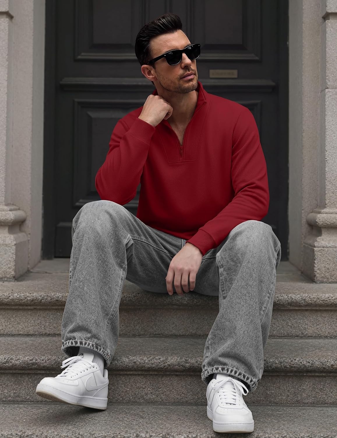 image:imageCOOFANDY Mens Quarter Zip Pullover Mock Neck Casual Fleece SweatshirtWine Red
