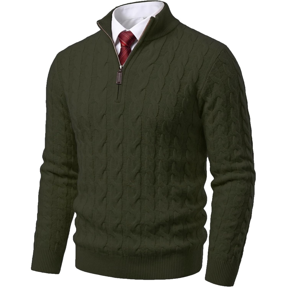 image:imageCOOFANDY Mens Quarter Zip Pullover Cable Knit Dress SweaterArmy Green