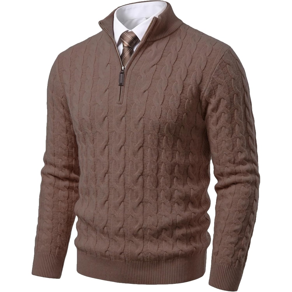 image:imageCOOFANDY Mens Quarter Zip Pullover Cable Knit Dress SweaterAsh Brown