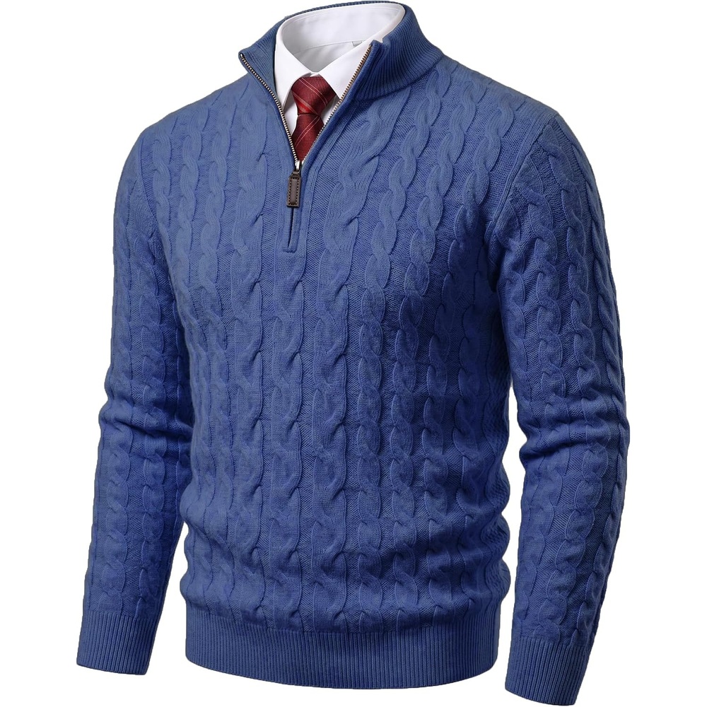 image:imageCOOFANDY Mens Quarter Zip Pullover Cable Knit Dress SweaterBlue
