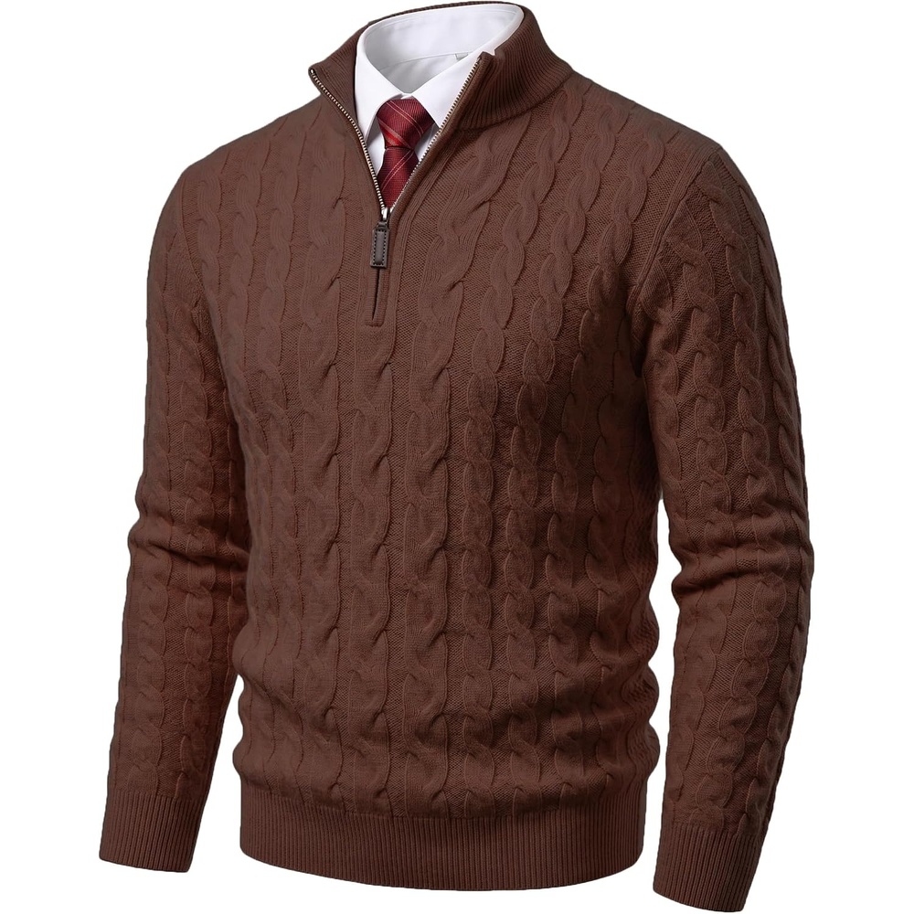 image:imageCOOFANDY Mens Quarter Zip Pullover Cable Knit Dress SweaterBrown
