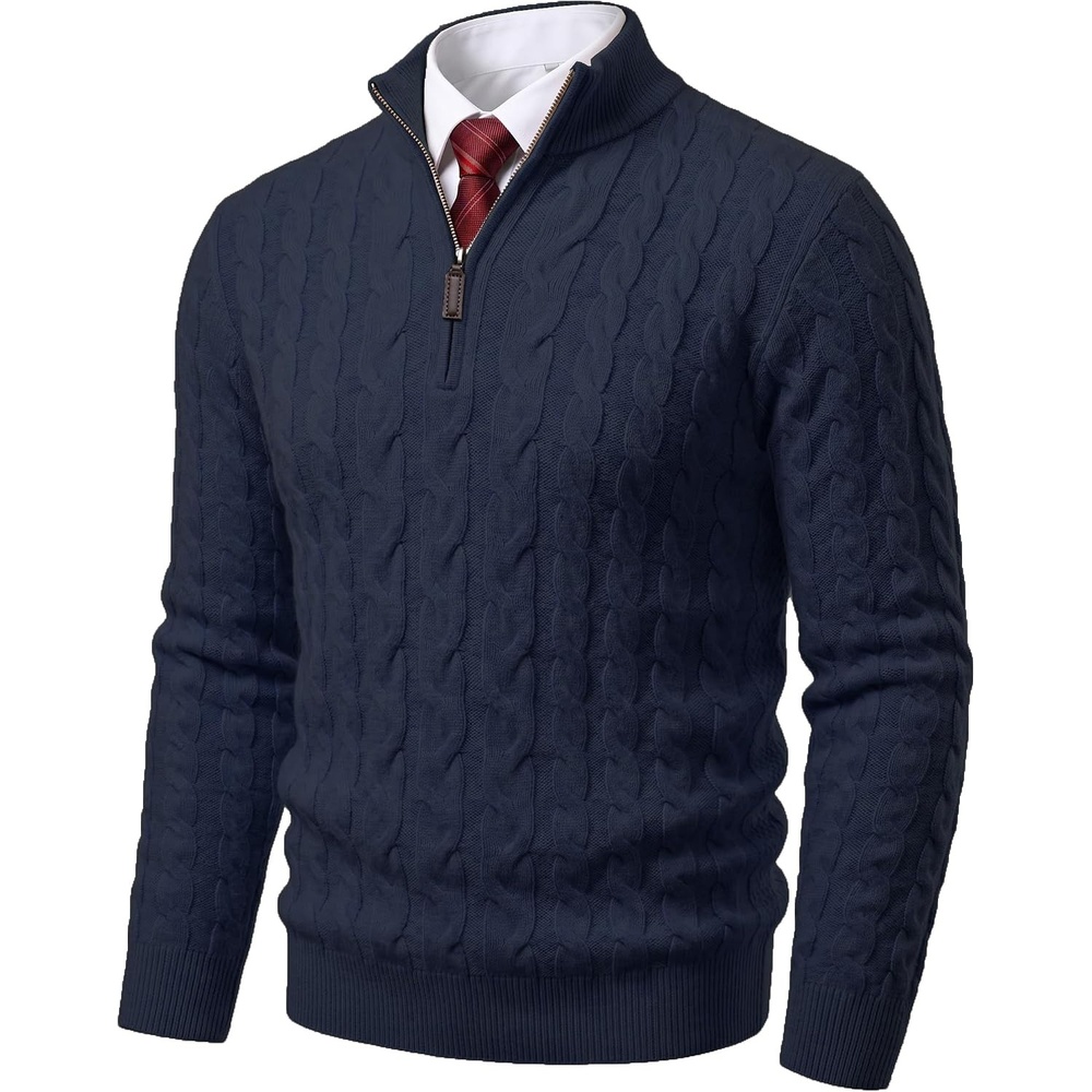 image:imageCOOFANDY Mens Quarter Zip Pullover Cable Knit Dress SweaterDark Navy