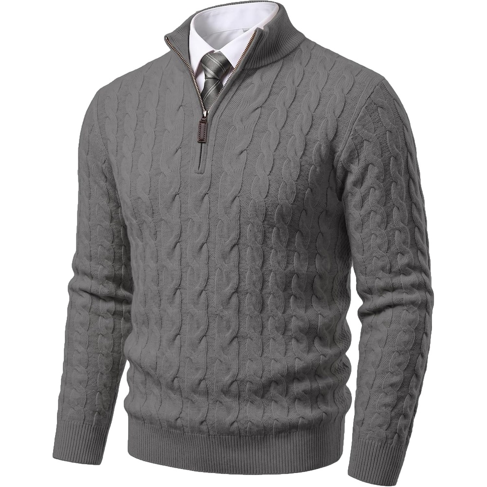 image:imageCOOFANDY Mens Quarter Zip Pullover Cable Knit Dress SweaterGrey