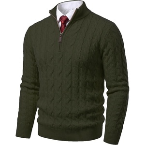 COOFANDY Men’s Quarter Zip Pullover Cable Knit Dress Sweater(Army Green)