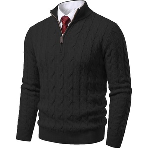 COOFANDY Men’s Quarter Zip Pullover Cable Knit Dress Sweater(Black)