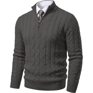 COOFANDY Men’s Quarter Zip Pullover Cable Knit Dress Sweater(Dark Grey)