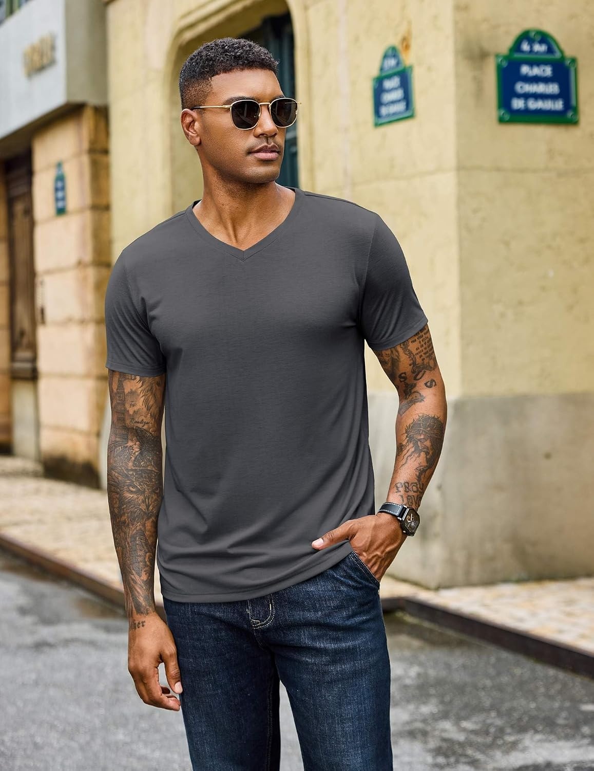image:imageCOOFANDY Mens T Shirts Short Sleeve V Neck TShirt Casual Soft Basic TeeDark Gray