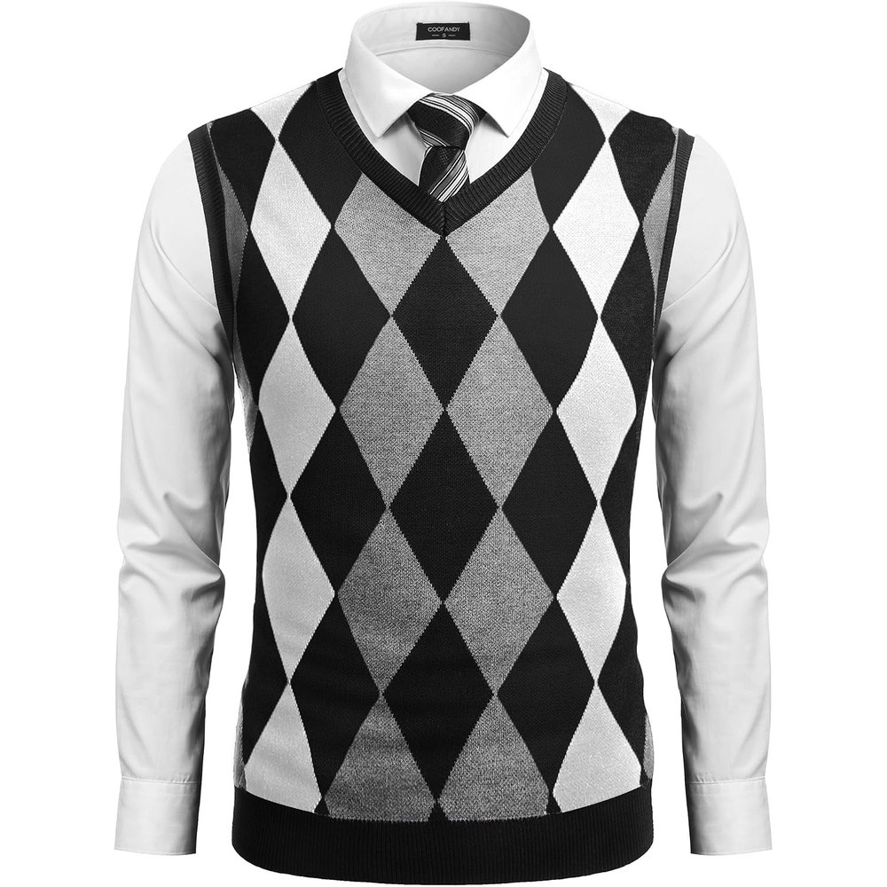 image:imageCOOFANDY Mens Sleeveless V Neck Pullover Sweater Argyle Knit Vest SweatersBlack