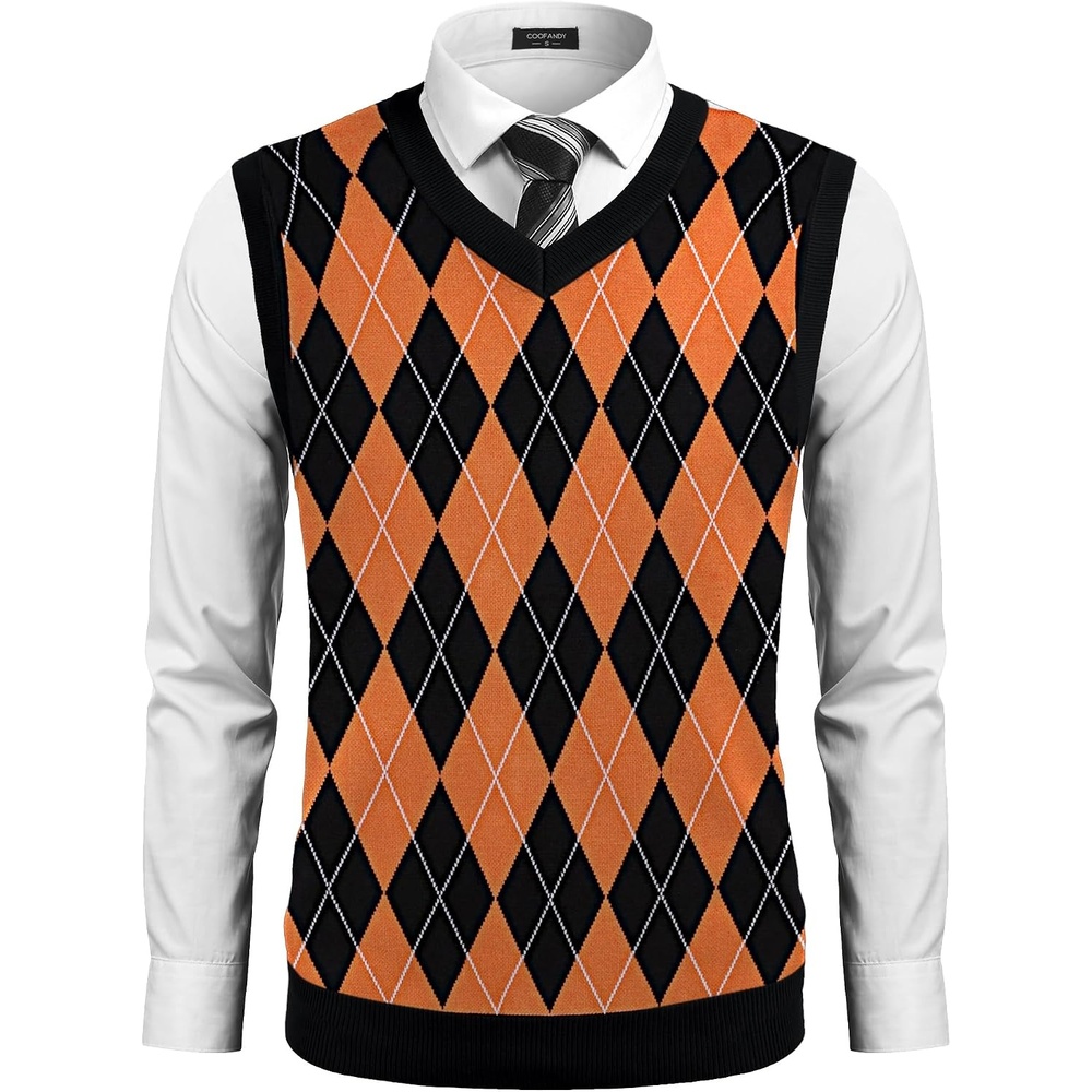 image:imageCOOFANDY Mens Sleeveless V Neck Pullover Sweater Argyle Knit Vest SweatersBlackorange