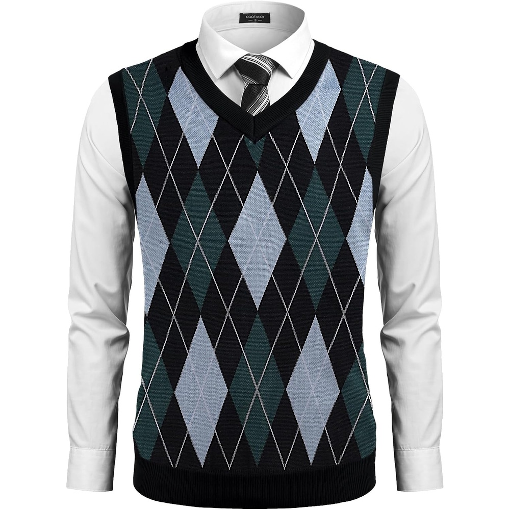 image:imageCOOFANDY Mens Sleeveless V Neck Pullover Sweater Argyle Knit Vest SweatersBluegreen