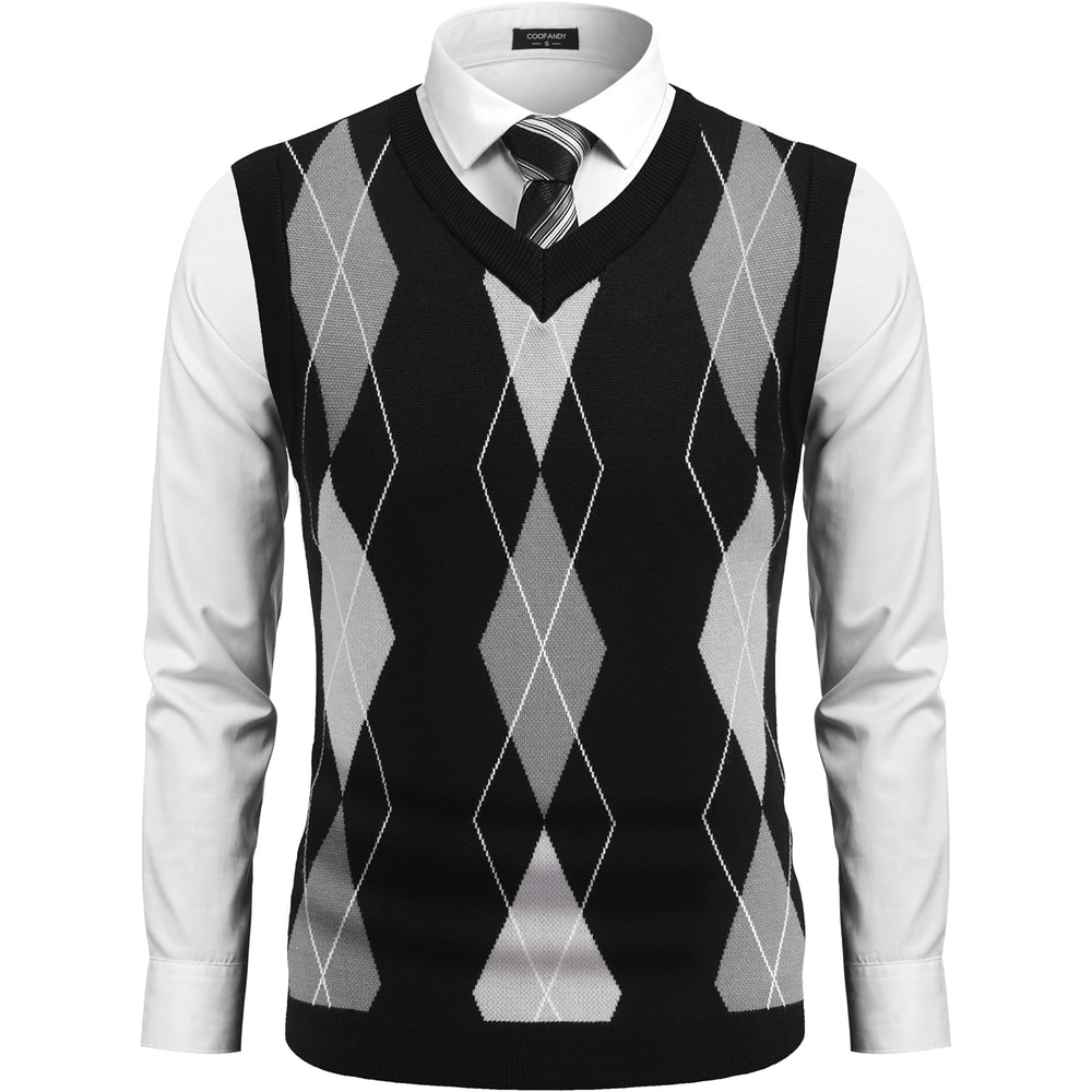image:imageCOOFANDY Mens Sleeveless V Neck Pullover Sweater Argyle Knit Vest SweatersGw262 Black and Gray Plaid