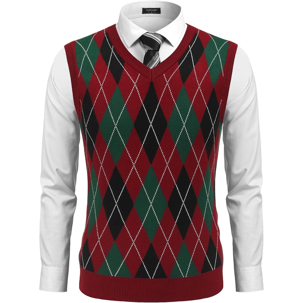 image:imageCOOFANDY Mens Sleeveless V Neck Pullover Sweater Argyle Knit Vest SweatersGw346 Red and Black Plaid