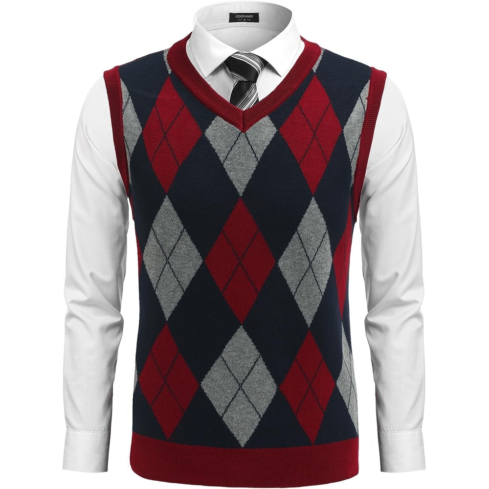 image:imageCOOFANDY Mens Sleeveless V Neck Pullover Sweater Argyle Knit Vest SweatersGw573 Red and Gray Plaid