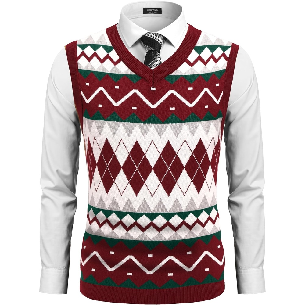 image:imageCOOFANDY Mens Sleeveless V Neck Pullover Sweater Argyle Knit Vest SweatersGz981 Red and White Plaid
