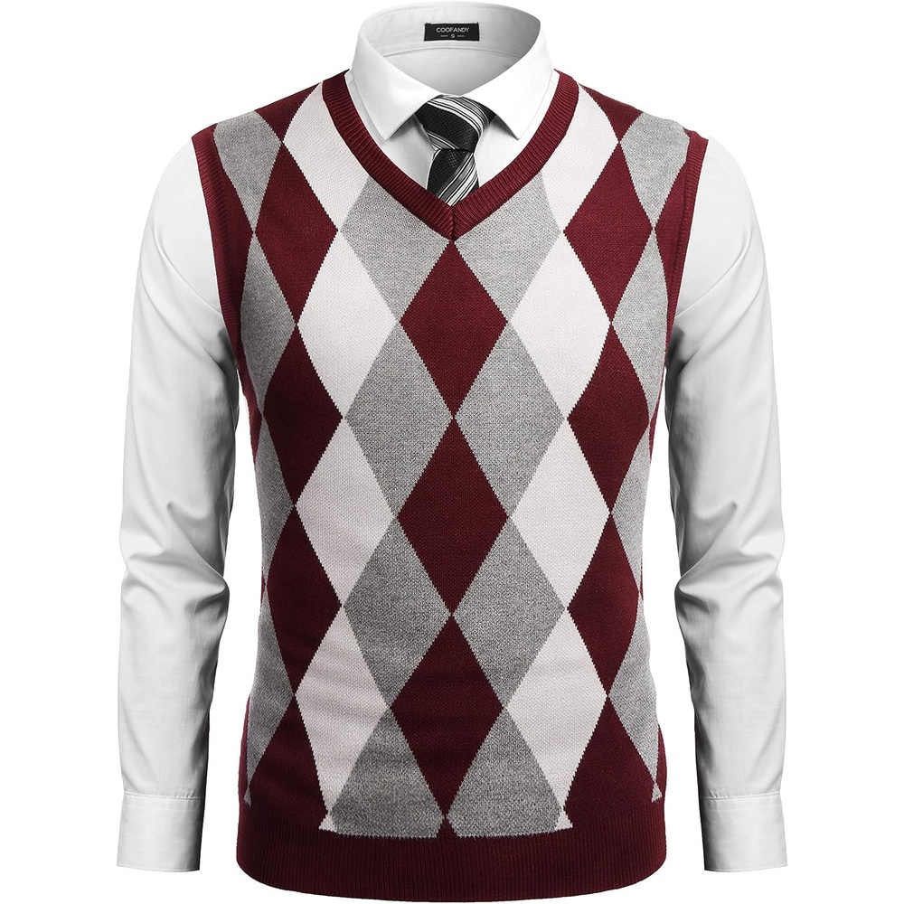 image:imageCOOFANDY Mens Sleeveless V Neck Pullover Sweater Argyle Knit Vest SweatersWine Red