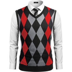 COOFANDY Men’s Sleeveless V Neck Pullover Sweater Argyle Knit Vest Sweaters(Black-red)