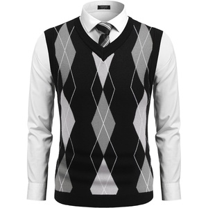 COOFANDY Men’s Sleeveless V Neck Pullover Sweater Argyle Knit Vest Sweaters(Gw262 Black and Gray Plaid)