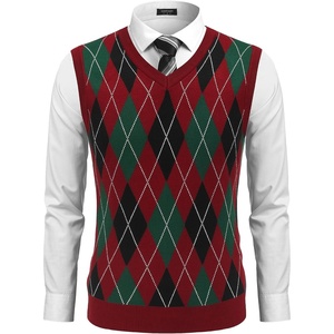 COOFANDY Men’s Sleeveless V Neck Pullover Sweater Argyle Knit Vest Sweaters(Gw346 Red and Black Plaid)