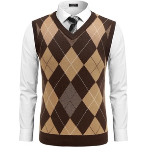 COOFANDY Men’s Sleeveless V Neck Pullover Sweater Argyle Knit Vest Sweaters(Gw602 Brown and Khaki)