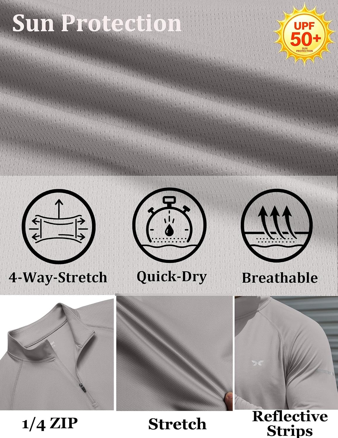 image:imageCOOFANDY Mens Quarter Zip Pullover Long Sleeve UPF 50 Sun Protection Athletic ShirtsLight Grey