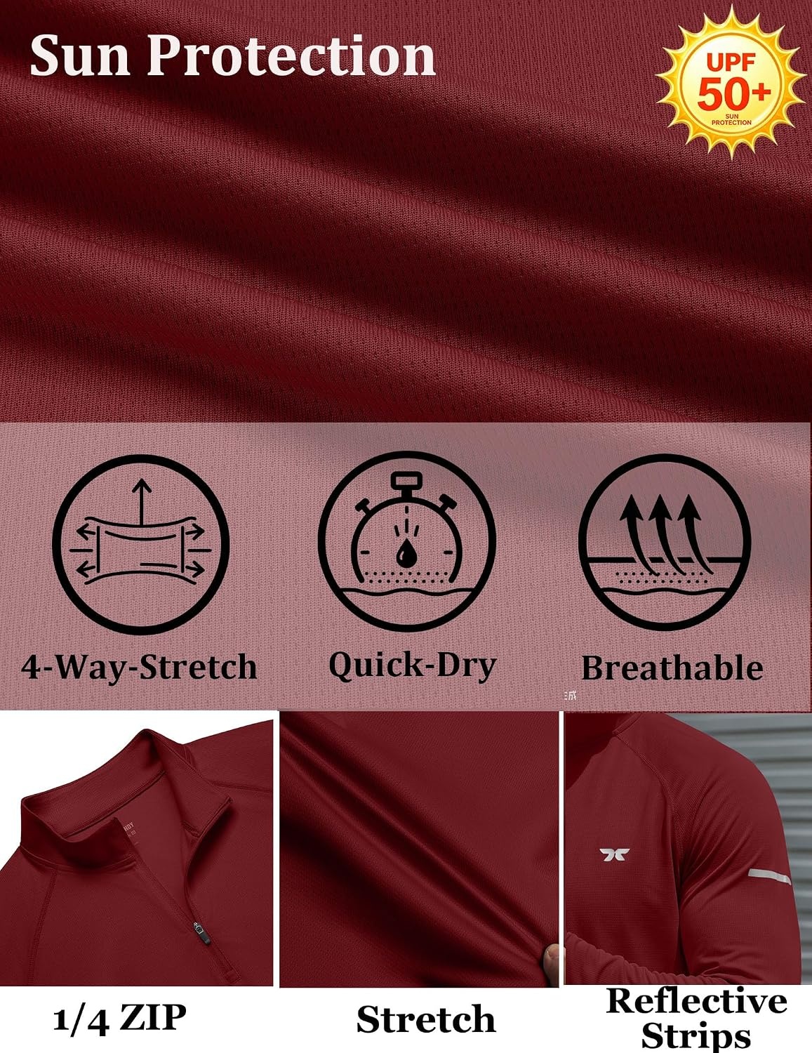 image:imageCOOFANDY Mens Quarter Zip Pullover Long Sleeve UPF 50 Sun Protection Athletic ShirtsWine Red