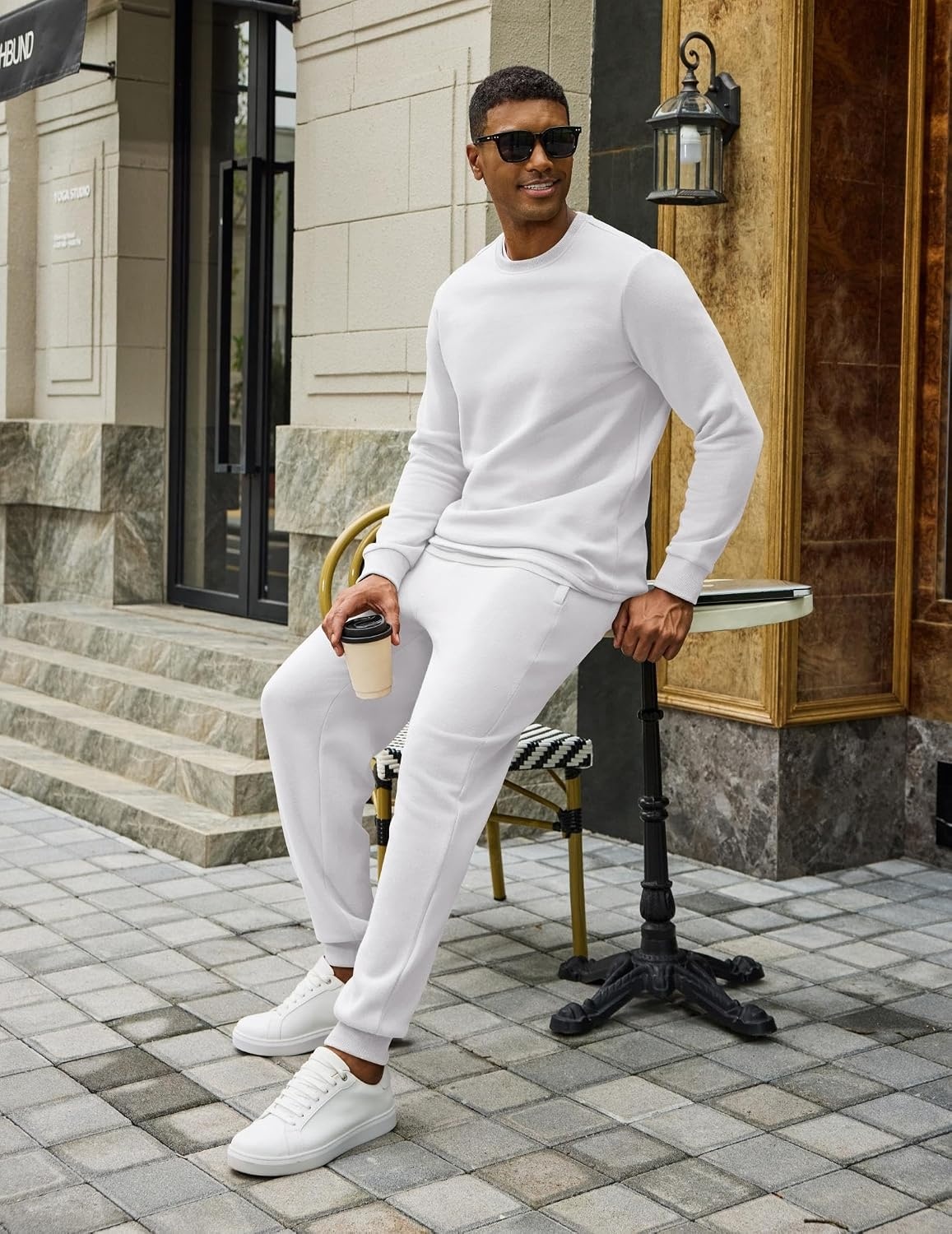 image:imageCOOFANDY 2 Piece Mens Tracksuits Set Cotton Long Sleeve Sweatsuit Pullover with Jogging Pants Casual Athletic OutfitsWhite