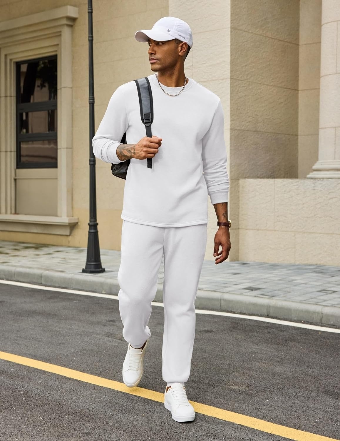 image:imageCOOFANDY 2 Piece Mens Tracksuits Set Cotton Long Sleeve Sweatsuit Pullover with Jogging Pants Casual Athletic OutfitsWhite