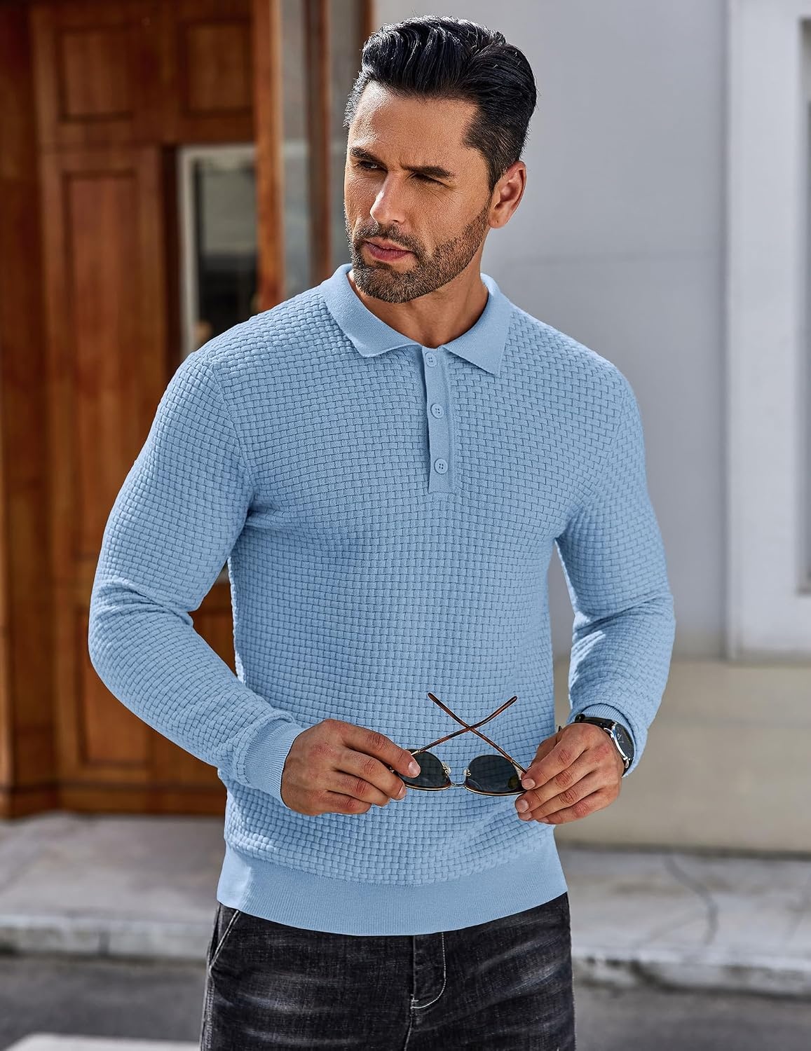 image:imageCOOFANDY Mens Knit Polo Shirts Casual Collared Long Sleeve Sweater PolosAiry Blue