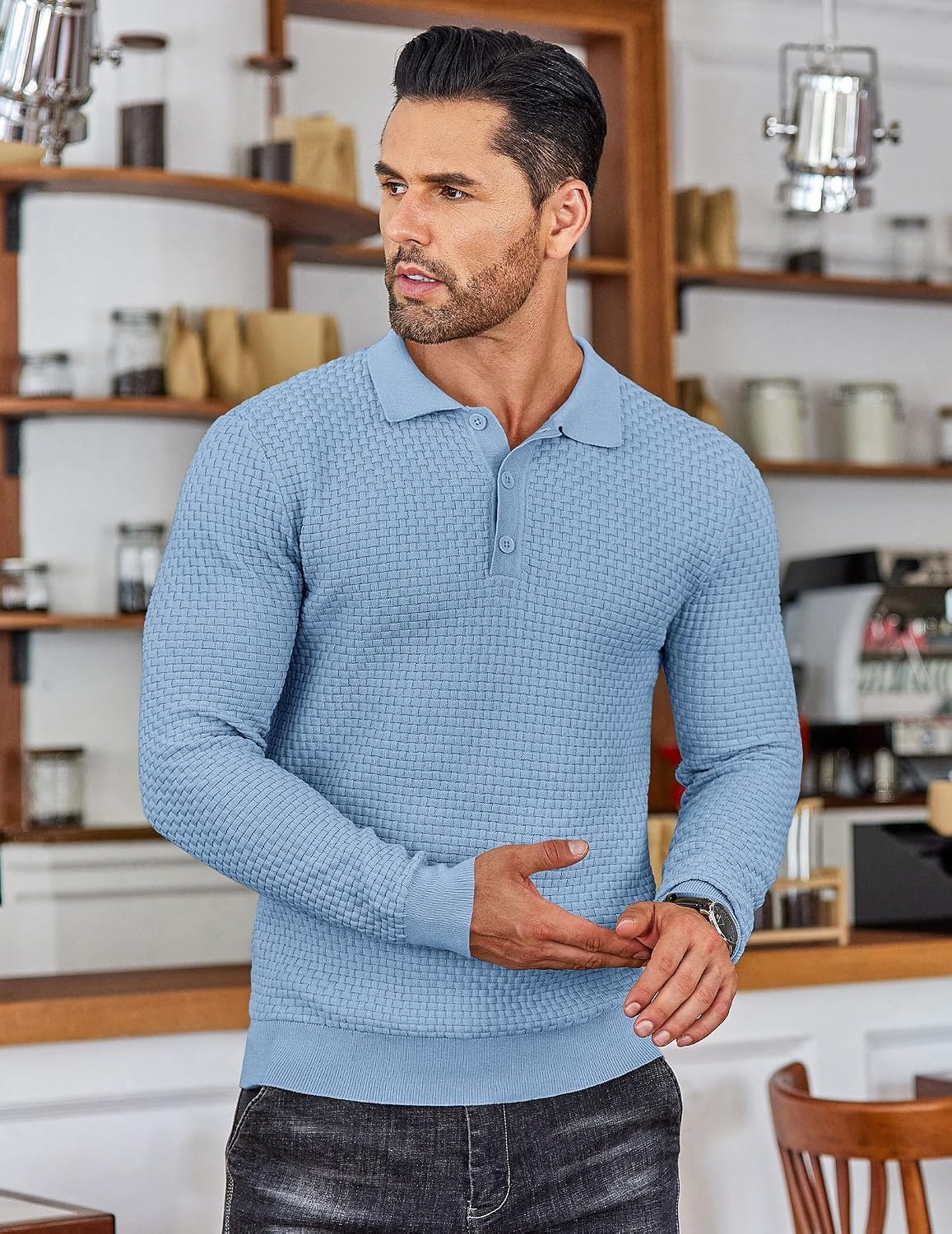 image:imageCOOFANDY Mens Knit Polo Shirts Casual Collared Long Sleeve Sweater PolosAiry Blue