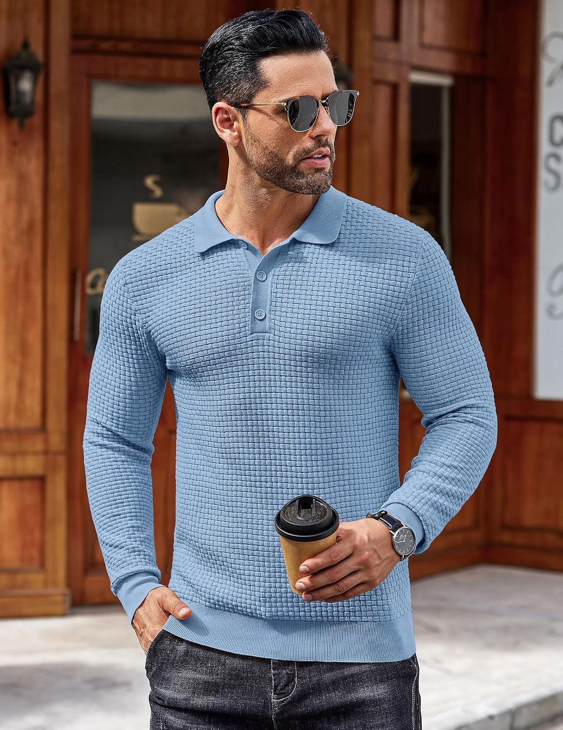image:imageCOOFANDY Mens Knit Polo Shirts Casual Collared Long Sleeve Sweater PolosAiry Blue
