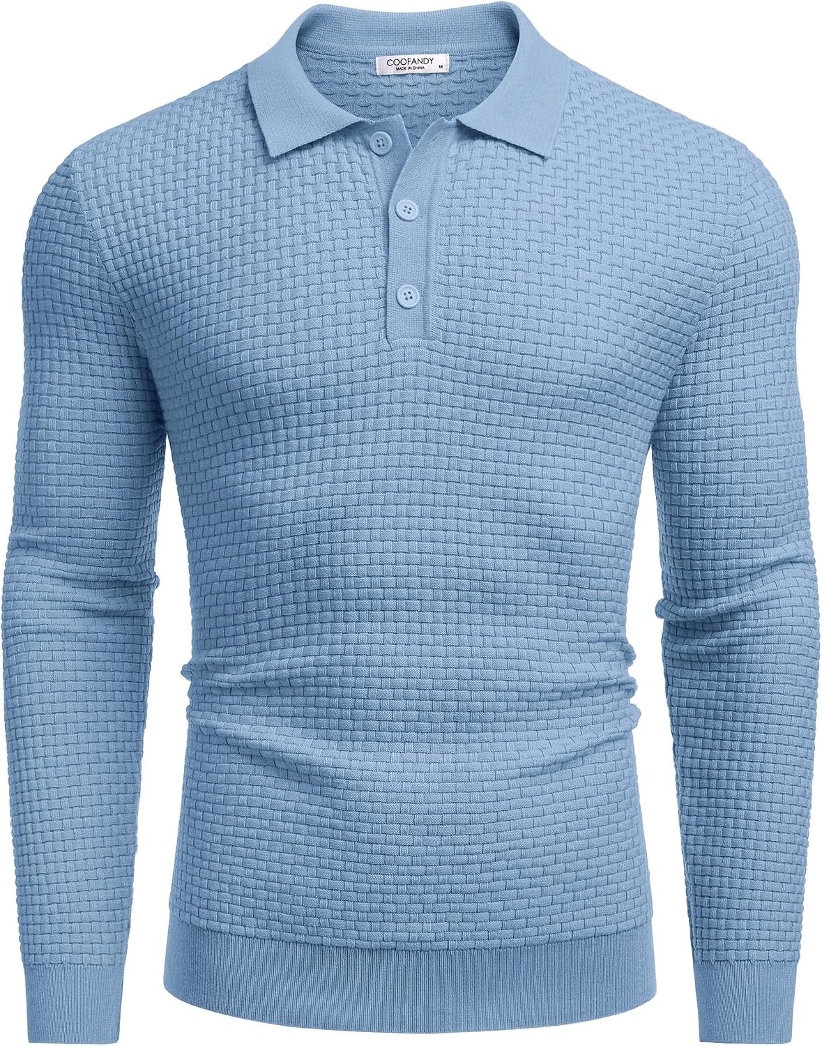 image:imageCOOFANDY Mens Knit Polo Shirts Casual Collared Long Sleeve Sweater PolosAiry Blue