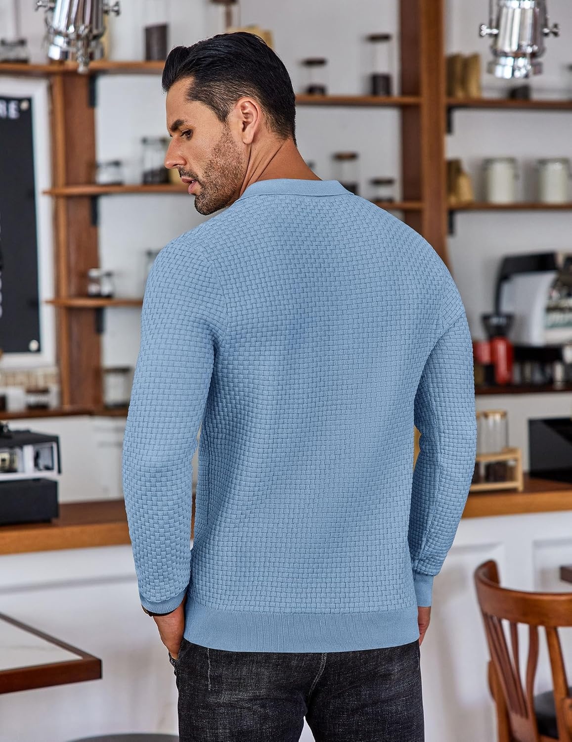 image:imageCOOFANDY Mens Knit Polo Shirts Casual Collared Long Sleeve Sweater PolosAiry Blue